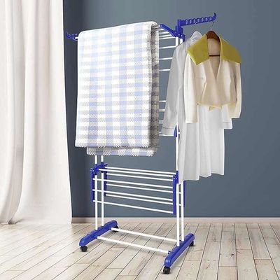 Kualitas Stainless Steel 3 Tier Blue Folding Laundry Drying Rack Dengan Dua Sisi Sayap pabrik